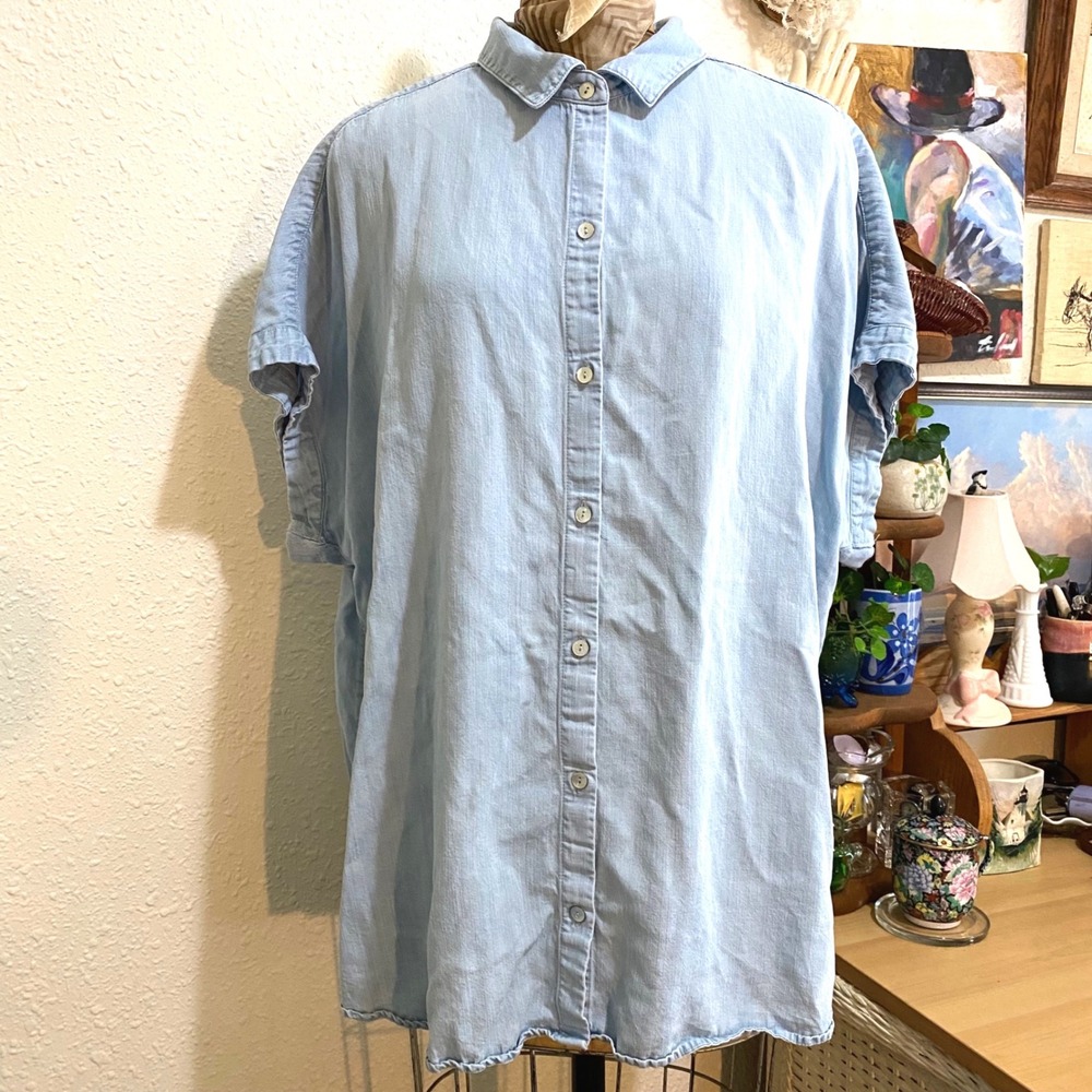 Soft Surroundings minimalist Blue Button Down Shirt Short Sleeve 1X plus capsule